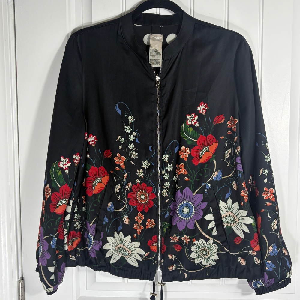 Chicos Reversible Bomber Jacket Black Floral Polka Dot Full Zip Size 1 M/L
